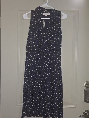 LOFT Navy Sleeveless Dress with Cream Dot Print